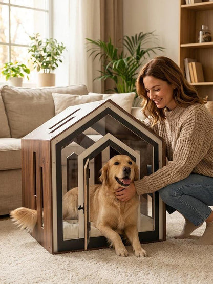 Modern Wooden Dog Crate Furniture – Indoor Dog House Bed with Cushion