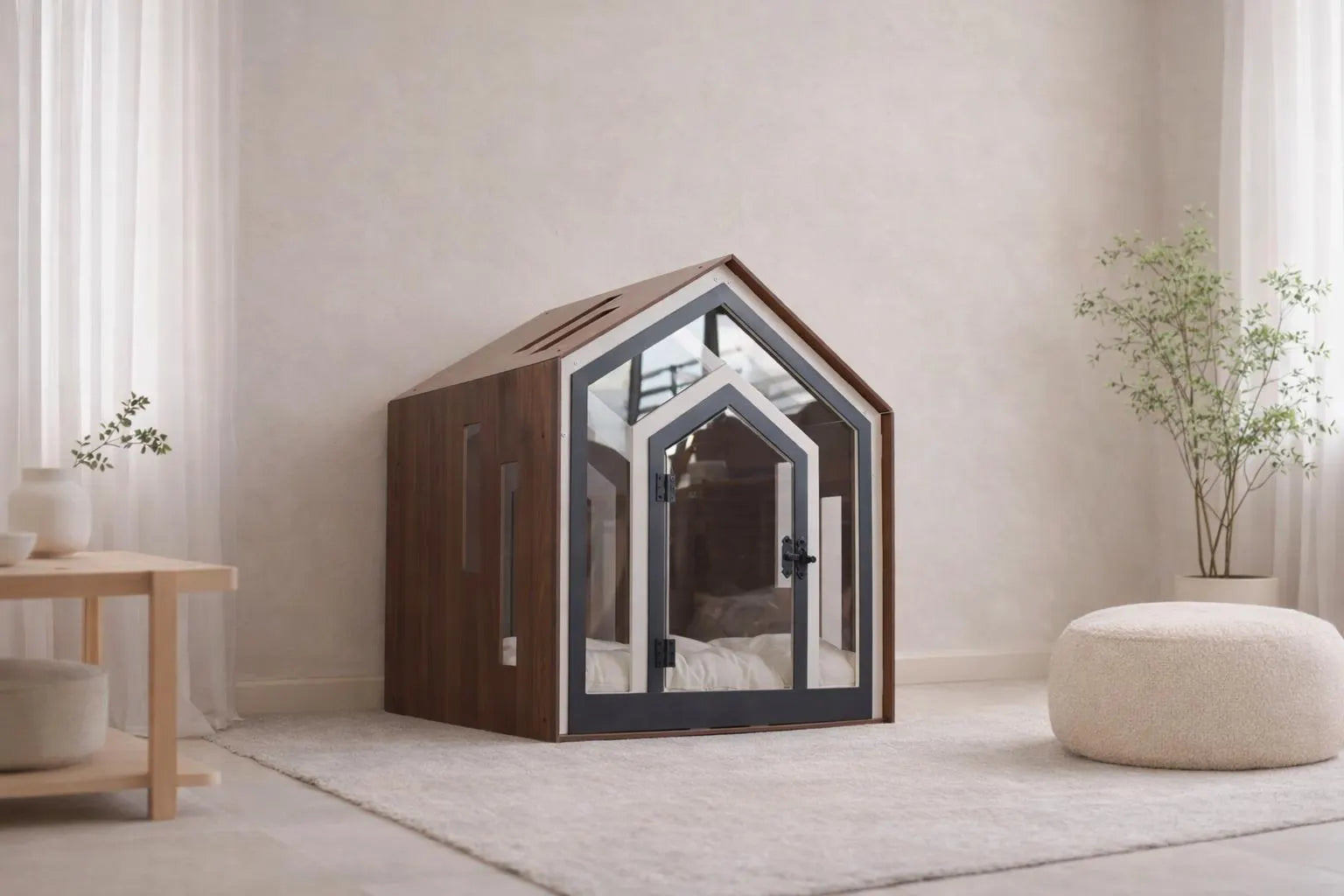 Modern Wooden Dog Crate Furniture – Indoor Dog House Bed with Cushion