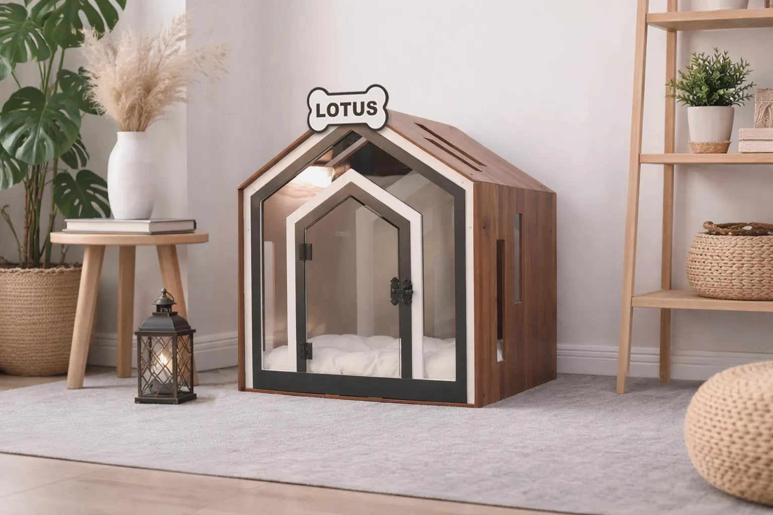 Modern Wooden Dog Crate Furniture – Indoor Dog House Bed with Cushion