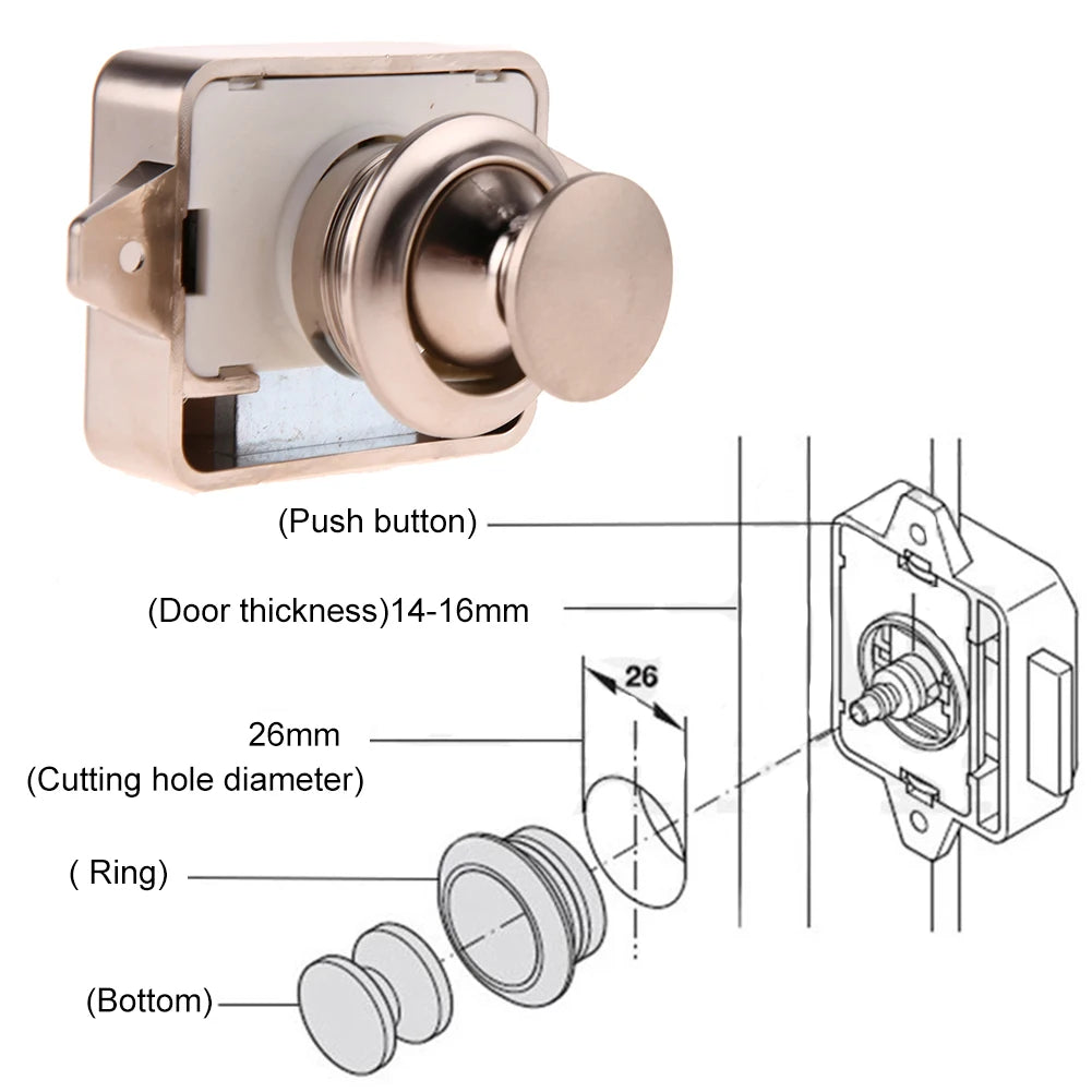 Keyless Zinc Alloy Push Cabinet Locks for RVs, Campers, and Motorhomes